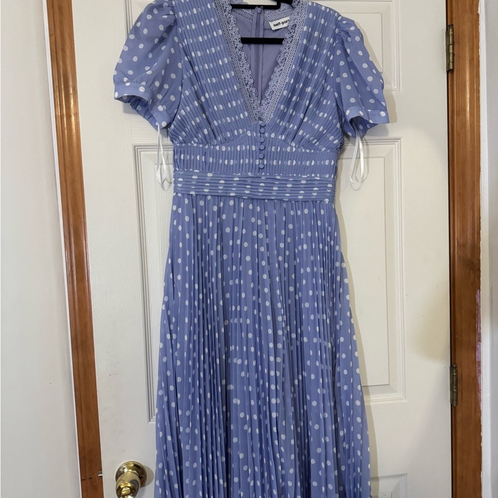 Self-Portrait Blue and White Polka Dot Midi Dress